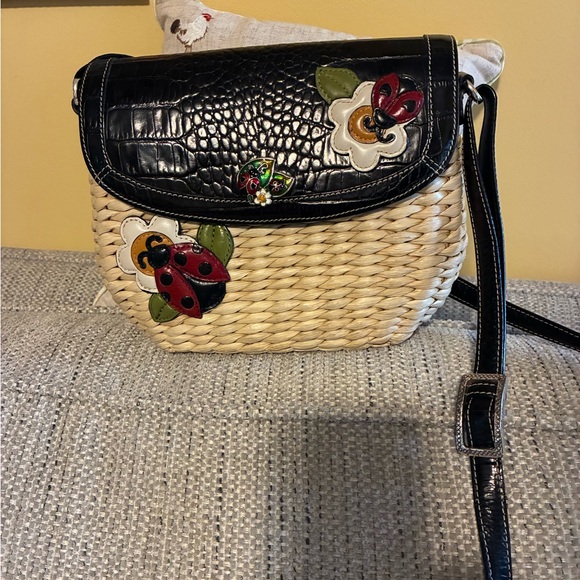 Brighton Handbags - Brighton Woven Straw and Leather Crossbody with Red Ladybug Accents